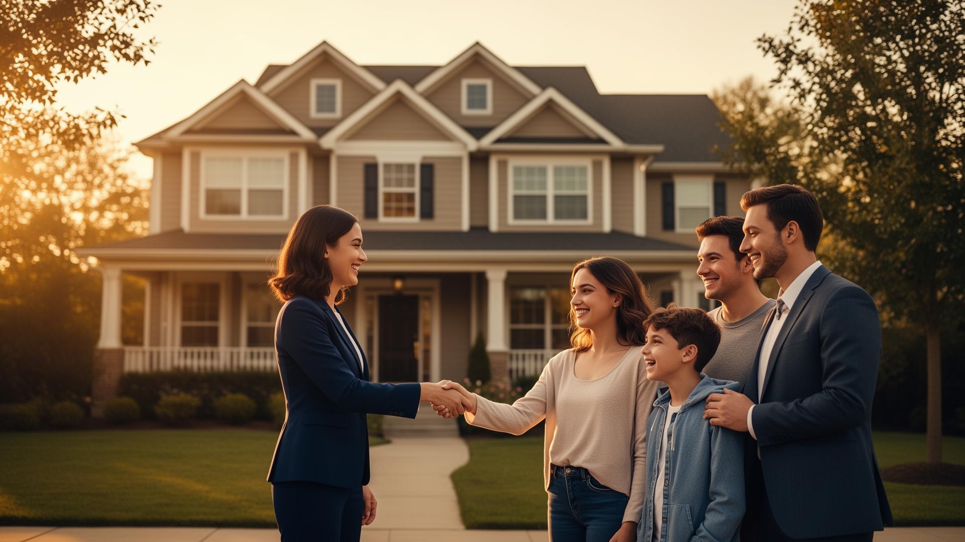 Loan officer welcoming a family in front of their new home